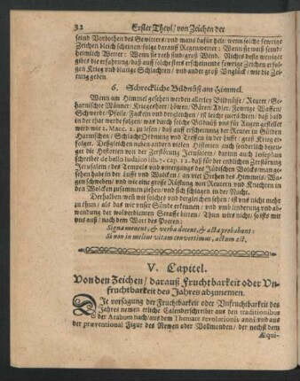 V. Capitel. Von den Zeichen/ darauß Fruchtbarkeit oder Unfruchtbarkeit des Jahres abzunemen.