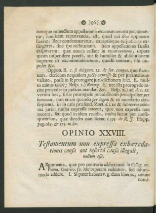 Opinio XXVIII. Testamentum non expressa exhaeredationis causa aut inserta causa illegali, nullum esse.