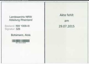Entnazifizierung Alois Bohsmann , geb. 12.06.1908 (Landwirt)