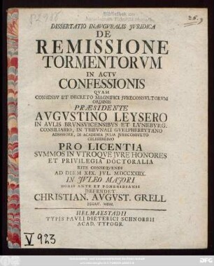 Dissertatio Inavgvralis Jvridica De Remissione Tormentorvm In Actv Confessionis
