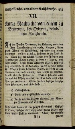 VII. Kurze Nachricht von einem zu Breitenau, bey Oederan, befindlichen Kalchbruche.