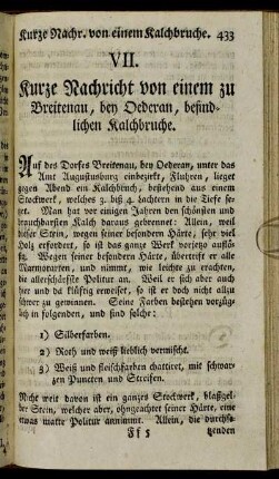 VII. Kurze Nachricht von einem zu Breitenau, bey Oederan, befindlichen Kalchbruche.