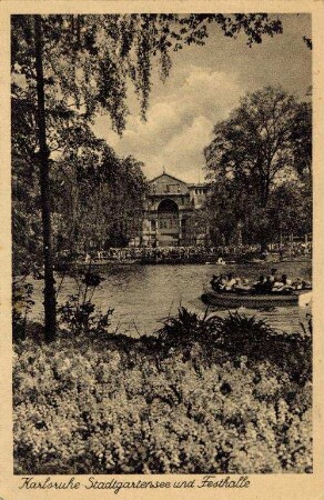Postkartenalbum mit Motiven von Karlsruhe. "Karlsruhe. Stadtgartensee und Festhalle". Stadtgartensee mit Eingangsbereich der Festhalle