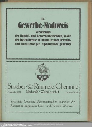 IV. Berufsklassen und Gewerbebetriebe : IV. Gewerbe-Nachweis. Verzeichnis der Handel- und Gewerbetreibenden, sowie der freien Berufe in Chemnitz nach erwerbs- und Berufszweigen alphabetisch geordnet
