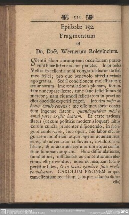 Epistolae 152. Fragmentum ad Dn. Doct. Wernerum Rolevincium