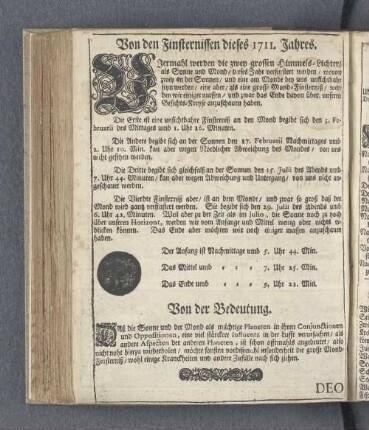 Von den Finsternissen dieses 1711. Jahres.