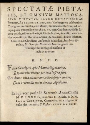 Spectatae Pietatis, Et Omnium Matronalium Virtutum Laude Ornatissimae Foeminae, Apolloniae ...
