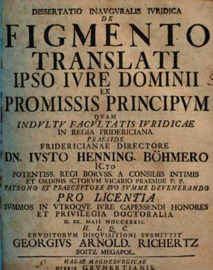 Dissertatio inauguralis iuridica de figmento translati ipso iure dominii ex promissis principum