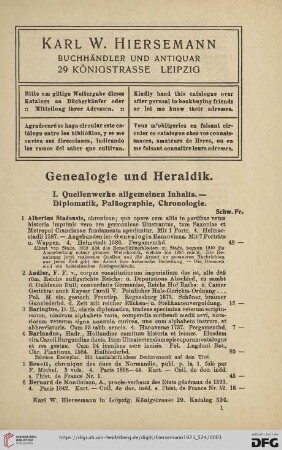 I. Quellenwerke allgemeinen Inhalts. Diplomatik, Paläographie, Chronologie (Nr. 1 - 83)