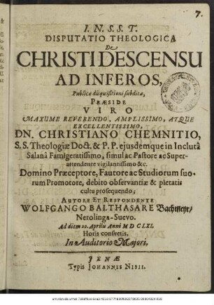 Disputatio Theologica De Christi Descensu Ad Inferos