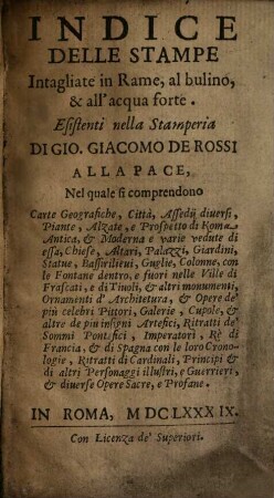 Indice delle stampe intagliate in rame, al buline & all'acqua forte