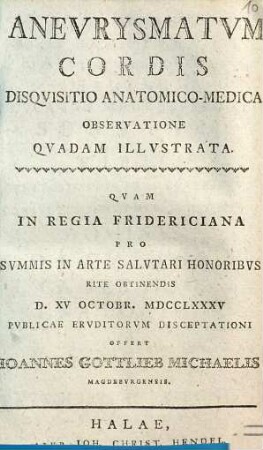 Anevrysmatvm Cordis Disqvisitio Anatomico-Medica Observatione Qvadam Illvstrata
