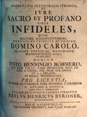 Dissertatio Inavgvralis Ivridica, De Ivre Sacro Et Profano Circa Infideles