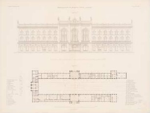 Königliche Ostbahn. Ostbahnhof, Berlin: Grundriss EG, Vorderansicht (aus: Atlas zur Zeitschrift für Bauwesen, hrsg. v. G. Erbkam, Jg. 20, 1870)