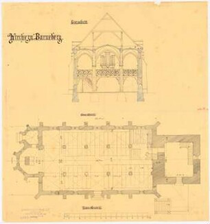 Kirche, Barneberg: Oberer und unterer Grundriss 1:100, Querschnitt 1:100