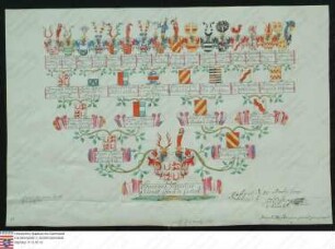 Ahnenprobe des Grafen Franz Joseph Schenk v. Castell. - ausgefertigt 1775 März 4, Pergament, Zeichner Joseph Melber