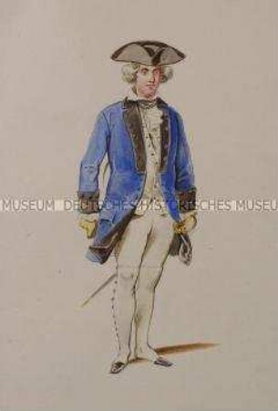 Soldat im blauen Justaucorps und Dreispitz - Tafel aus Franceschini/Kostümbilder (Kassette 1)