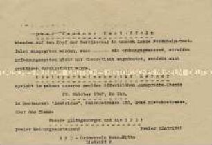 Hektografierte Einladung zu einer SPD-Veranstaltung über die Versorgungslage