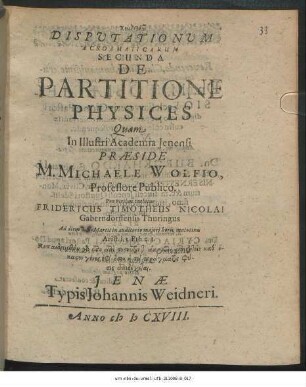 Disputationum Acroamaticarum Secunda De Partitione Physices