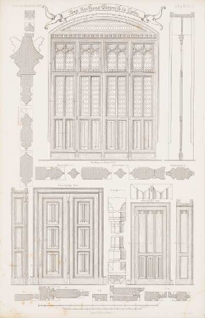 Kaufhaus Gürzenich, Köln: Ansichten, Details Türen (aus: Atlas zur Zeitschrift für Bauwesen, hrsg. v. G. Erbkam, Jg. 13, 1863)