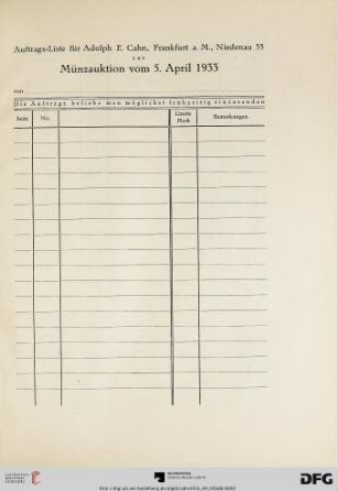 Auftrags-Liste für Adolph E. Cahn