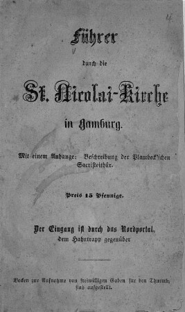 Führer durch die St. Nicolai-Kirche in Hamburg : mit einem Anhang: Beschreibung der Plambeckschen Sacristeithür