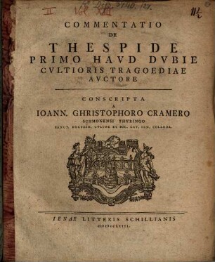 Commentatio De Thespide Primo Haud Dubie Cultioris Tragoediae Auctore