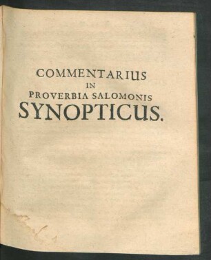 Commentarius In Proverbia Salomonis Synopticus.