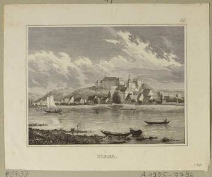 Stadtansicht von Pirna mit dem Sonnenstein und der Marienkirche von Nordosten über die Elbe, evtl. aus: Schiffners Beschreibung von Sachsen um 1840