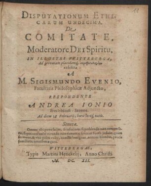 Disputationum Ethicarum Undecima. De Comitate