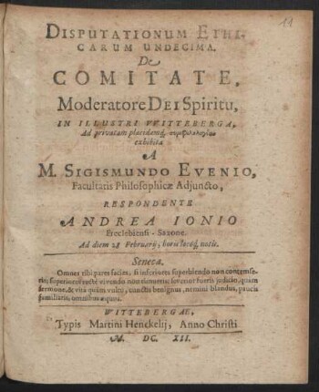 Disputationum Ethicarum Undecima. De Comitate