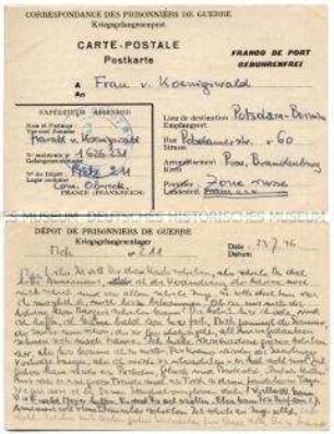 Vordruck-Postkarte von Harald von Koenigswald aus dem Kriegsgefangenenlager Metz mit Dank für ein Päckchen - Familienkonvolut
