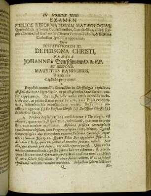 Disputationem XI. De Persona Christi