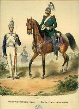 Uniformdarstellung, Unteroffizier der Garde-Kompanie, Gendarm der Garde-Gendarmerie, Preußen 1843/1845. Aus: Sachse: Das Preussische Heer. Tafel 34.