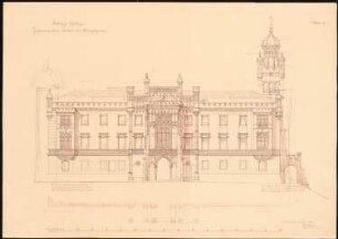 Schloss Graetz bei Troppau Umbau: Aufriss Hauptansicht mit Einzeichnung der Änderungen, Grundriss Fassade, Maßstabsleiste (Fuß)
