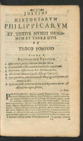 Justini Historiarum Philippicarum Et Totius Mundi Originum Et Terrae Situs Ex Trogo Pompeio. Liber I.