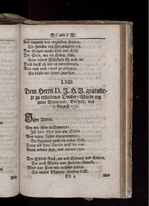 LXIII. Dem Herrn D. J. H. B. gratulirte zu erhaltener Doctor-Würde