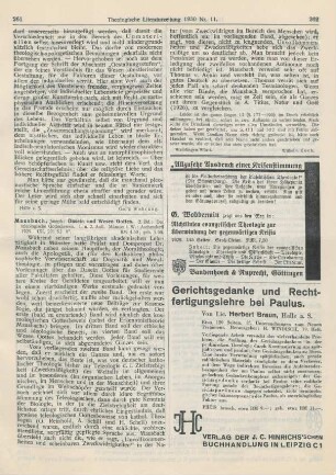 261-262 [Rezension] Mausbach, Joseph, Dasein und Wesen Gottes. 2. Bd.: Der teleologische Gottesbeweis. 1. u. 2. Aufl