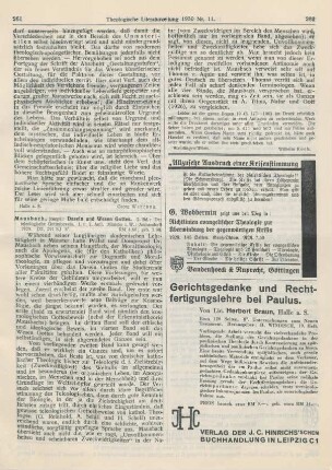 261-262 [Rezension] Mausbach, Joseph, Dasein und Wesen Gottes. 2. Bd.: Der teleologische Gottesbeweis. 1. u. 2. Aufl