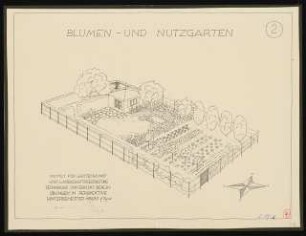 Vier Kleingärten von je 350 qm: Blumen- und Nutzgarten: Perspektivische Ansicht