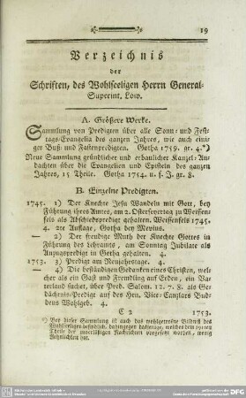 Verzeichnis der Schriften, des Wohlseeligen Herrn General-Superint. Löw