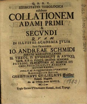 Exercitatio Theologica exhibens Collationem Adami Primi & Secvndi