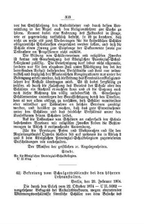 Befreiung vom Schulgottesdienste bei den höheren Lehranstalten : [D. Höhere Lehranstalten]