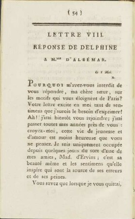 Lettre VIII. Rèponse De Delphine A Mlle D'Albémar. 1. Mai