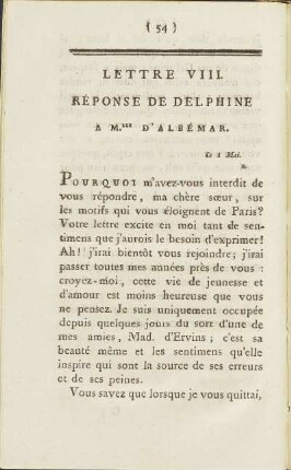 Lettre VIII. Rèponse De Delphine A Mlle D'Albémar. 1. Mai