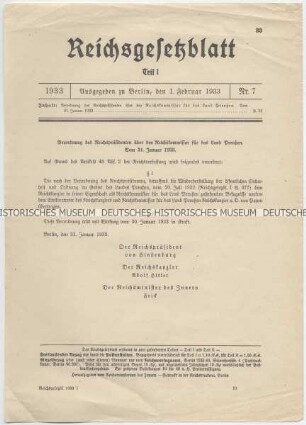 Reichsgesetzblatt zur Bestallung Franz von Papens als Reichskommissar für Preußen