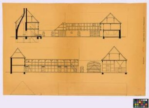 Klein-Rodensleben ([Landkreis Wanzleben]): Gehöft Zabel. - Wohnhaus (Querschnitt). - Stall A (Querschnitt, Seiten-Ansicht). - Stall B (Seiten-Ansicht, Querschnitt). - Scheune (Querschnitt). - Einfahrt (Ansicht)