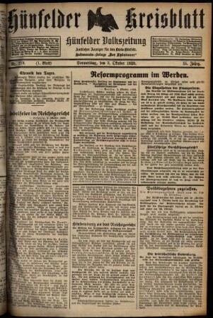 Erste Ausgabe vom Donnerstag, den 03. Oktober 1929.