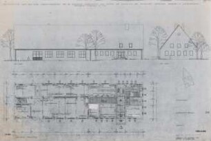 Tekturplan zum Bau eines Werkstattgebäudes f. die Bay. Landesanstalt und Intitut für Landtechnik d. Tech. Hochschule München in Weihenstephan (Keller- und Obergeschossgrundriss/Schnitte)