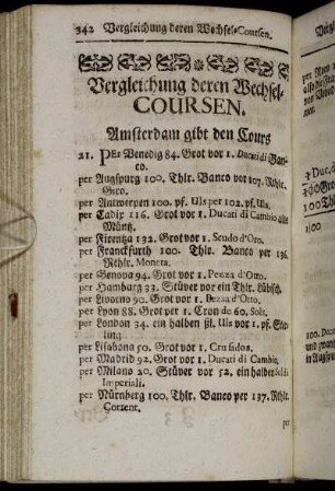 Vergleichung deren Wechsel-Coursen. - Fattura-Rechnungen.